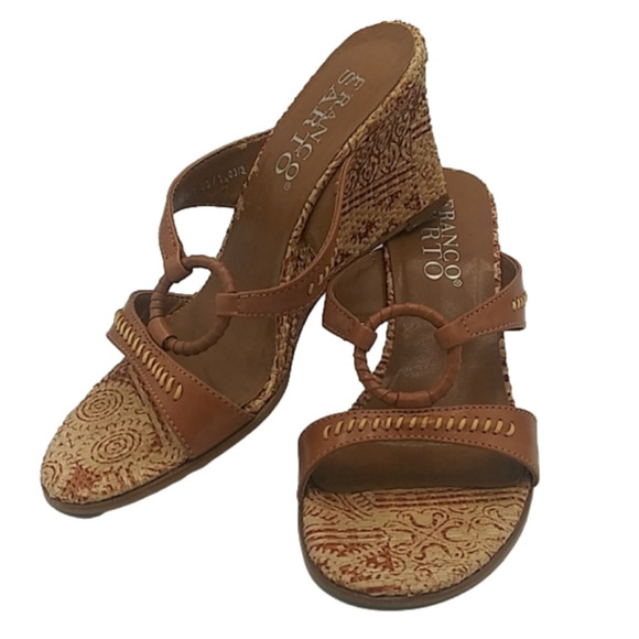 Franco Sarto Tan Tribal Design Loop Strap Leather Round Open Toe Wedge Sandal - Picture 1 of 15